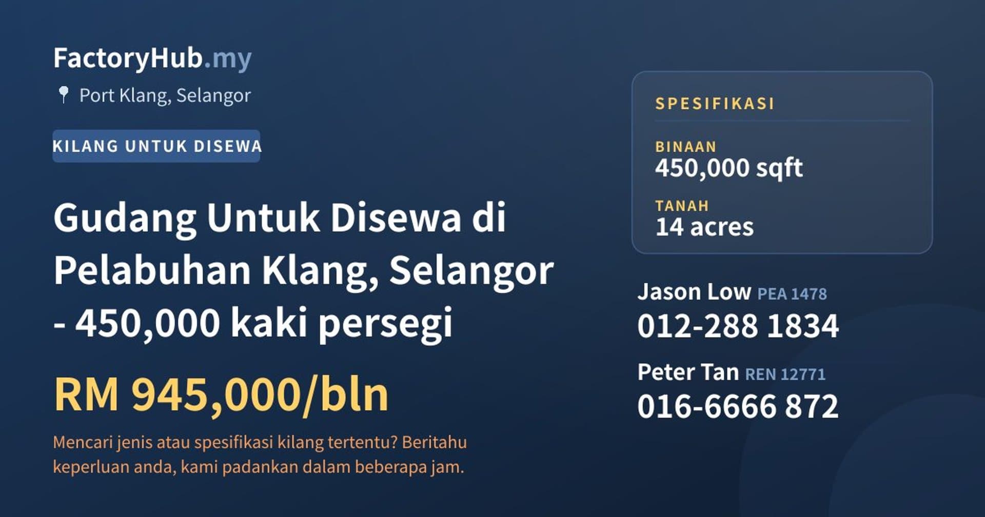 Gudang Untuk Disewa di Pelabuhan Klang, Selangor - 450,000 kaki persegi · Imej hartanah 1/2