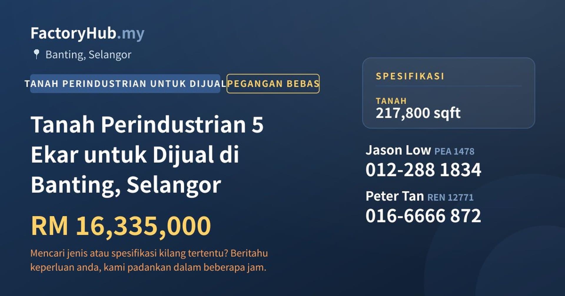Tanah Perindustrian 5 Ekar untuk Dijual di Banting, Selangor · Imej hartanah 1/2