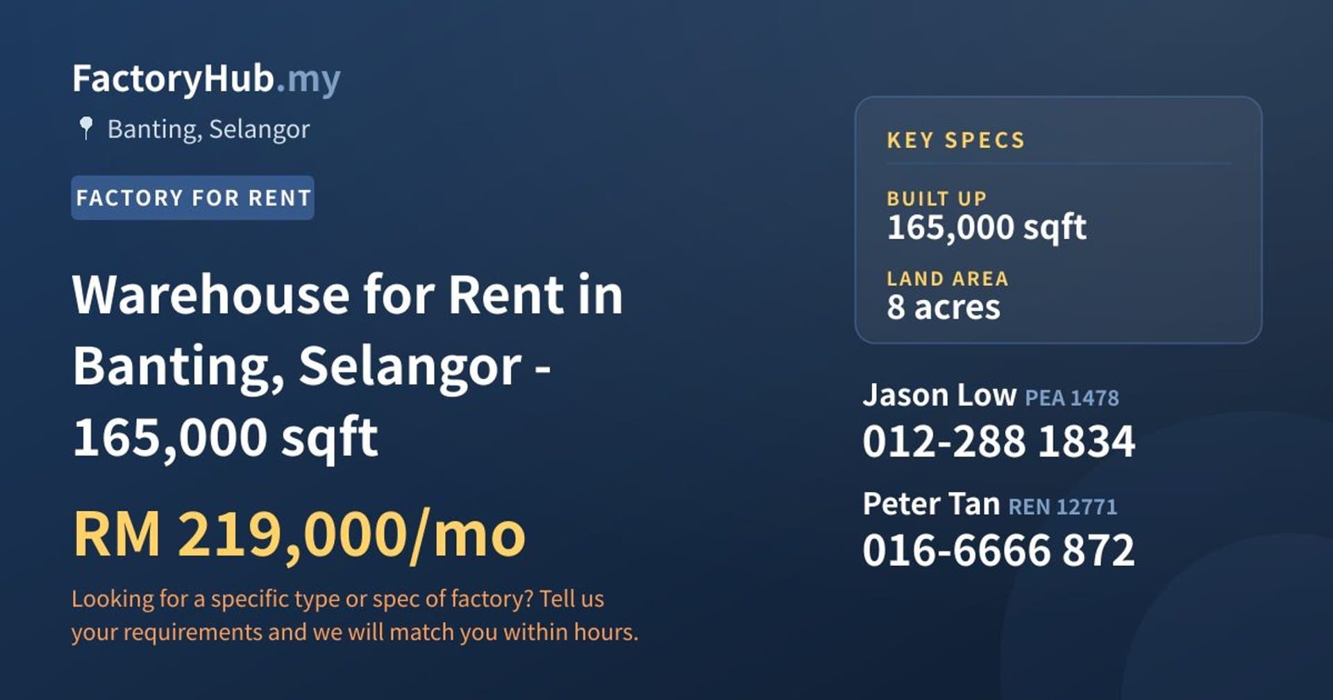 Warehouse for Rent in Banting, Selangor - 165,000 sqft - Property image 1 of 2