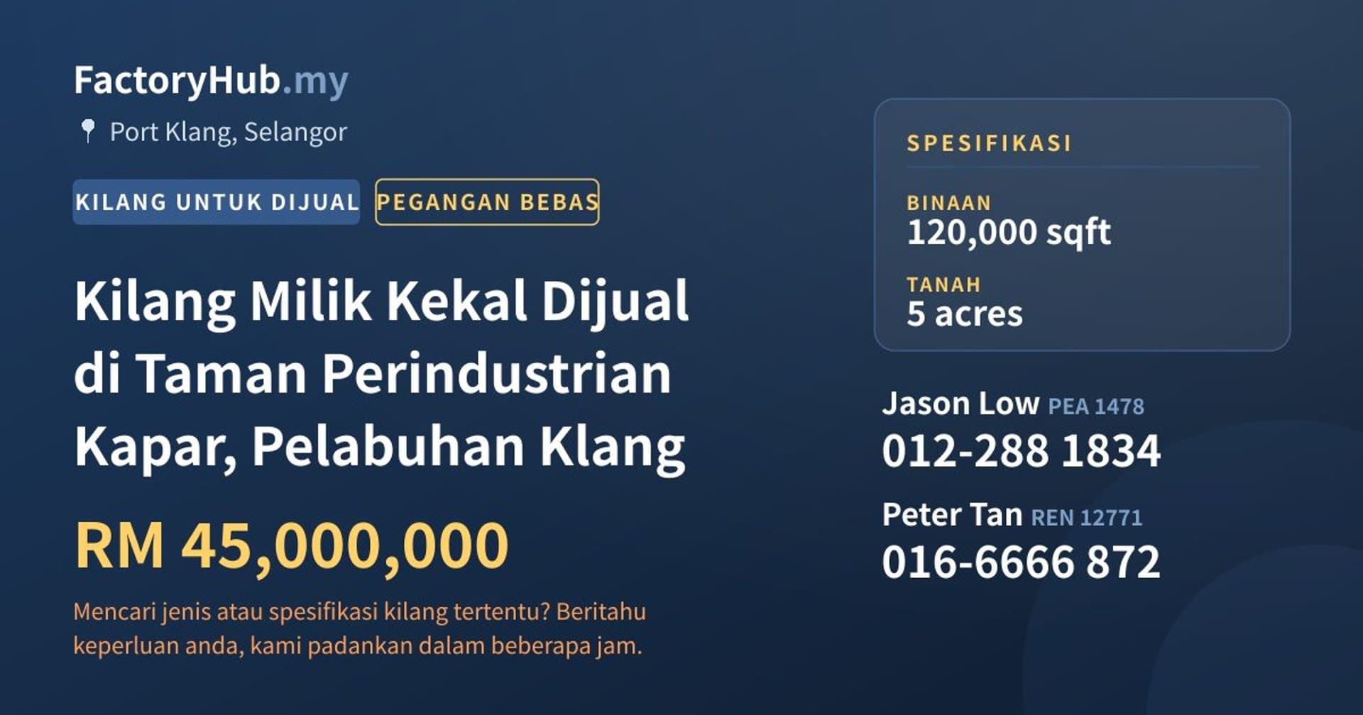 Kilang Milik Kekal Dijual di Taman Perindustrian Kapar, Pelabuhan Klang · Imej hartanah 1/2