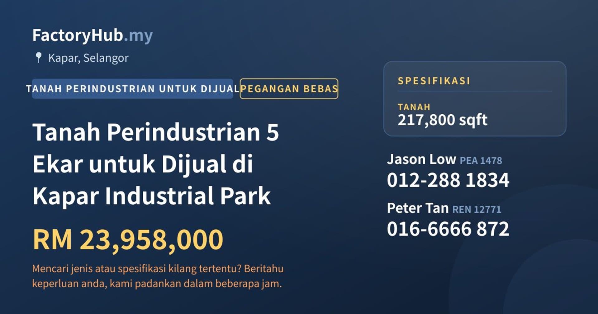Tanah Perindustrian 5 Ekar untuk Dijual di Kapar Industrial Park · Imej hartanah 1/2
