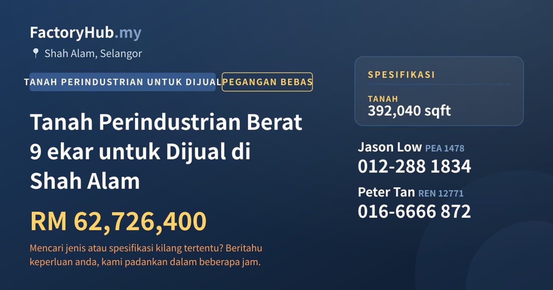Tanah Perindustrian Berat 9 ekar untuk Dijual di Shah Alam · Imej hartanah 1/2