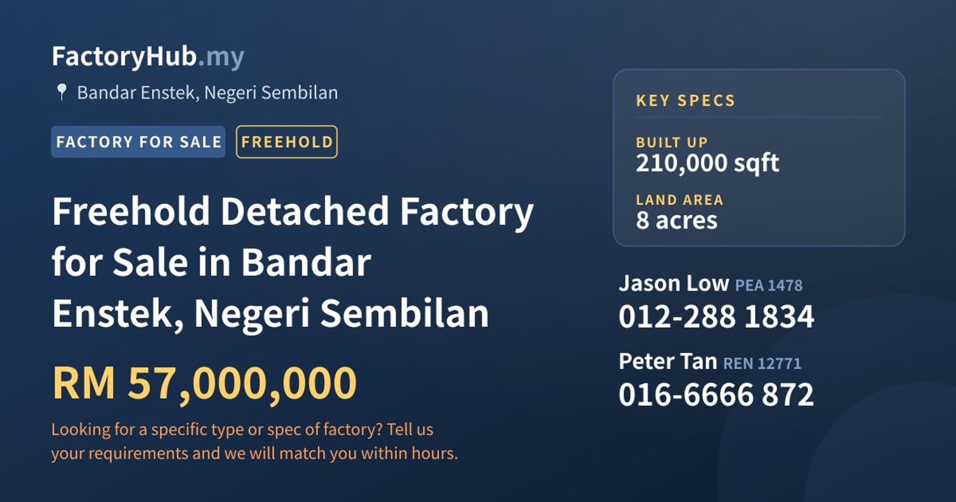Freehold Detached Factory for Sale in Bandar Enstek, Negeri Sembilan - Property image 1 of 2