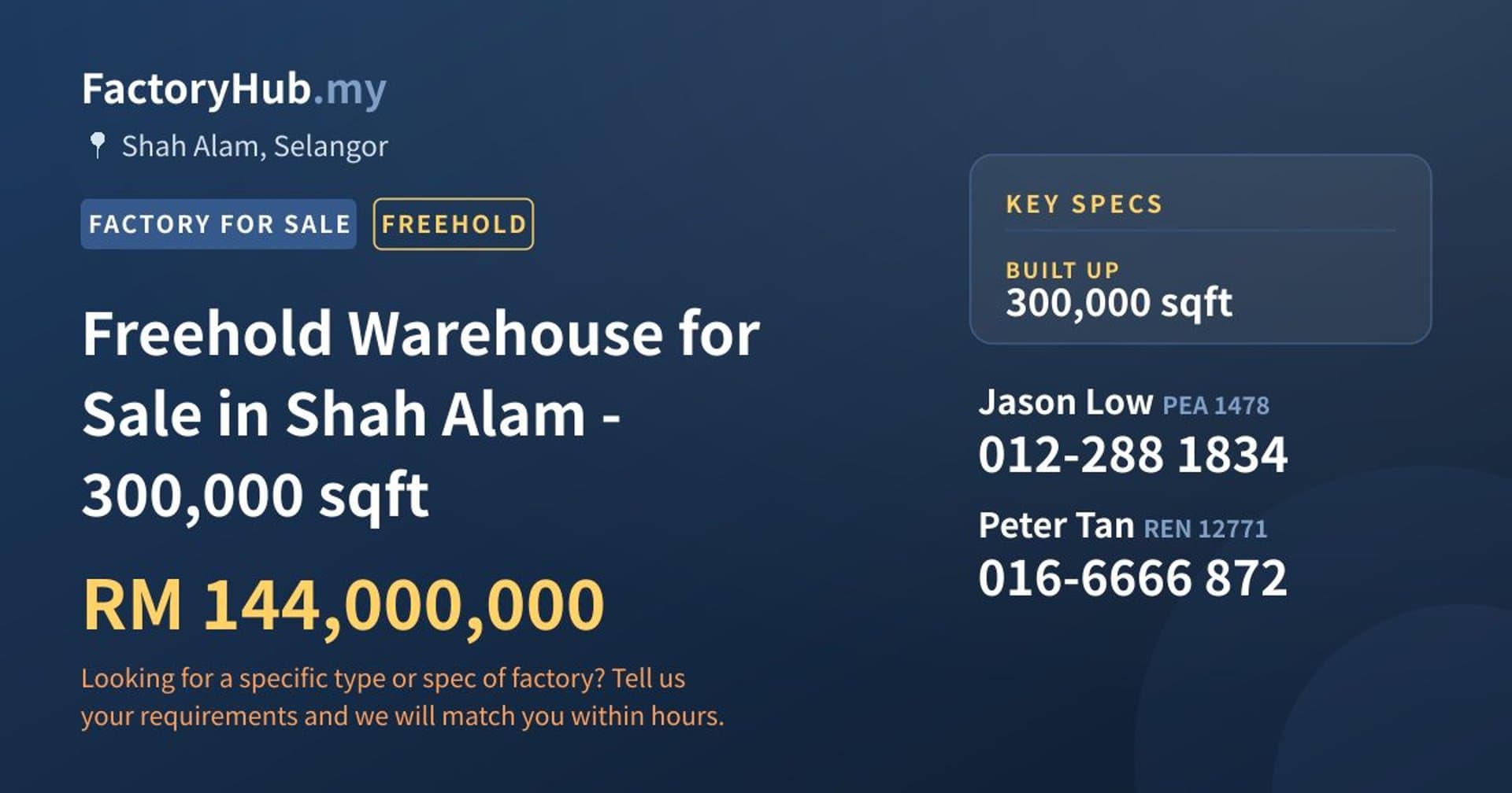 Freehold Warehouse for Sale in Shah Alam - 300,000 sqft - Property image 1 of 2