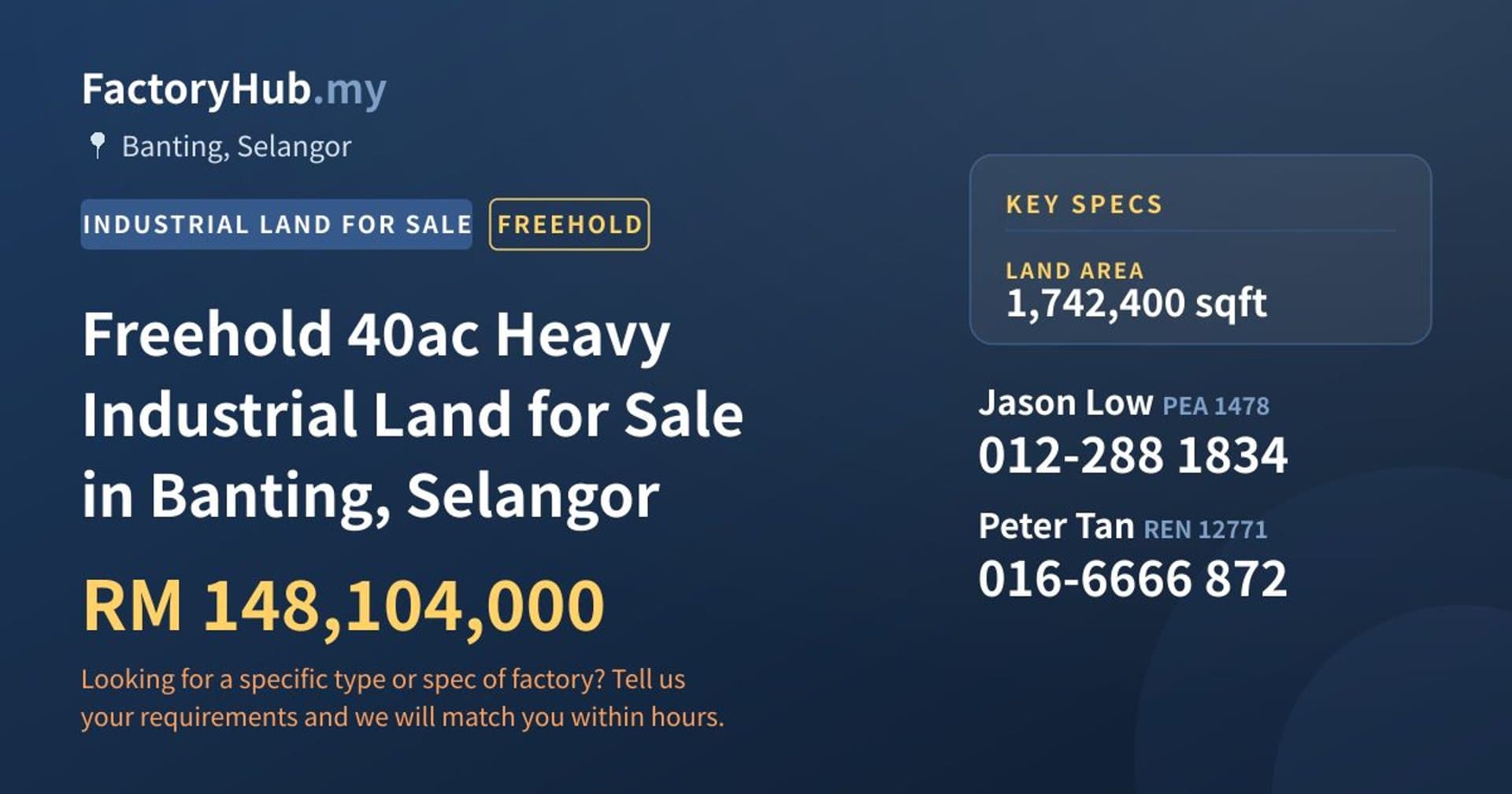 Freehold 40ac Heavy Industrial Land for Sale in Banting, Selangor - Property image 1 of 2