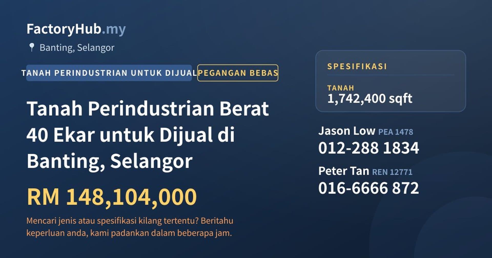 Tanah Perindustrian Berat 40 Ekar untuk Dijual di Banting, Selangor · Imej hartanah 1/2