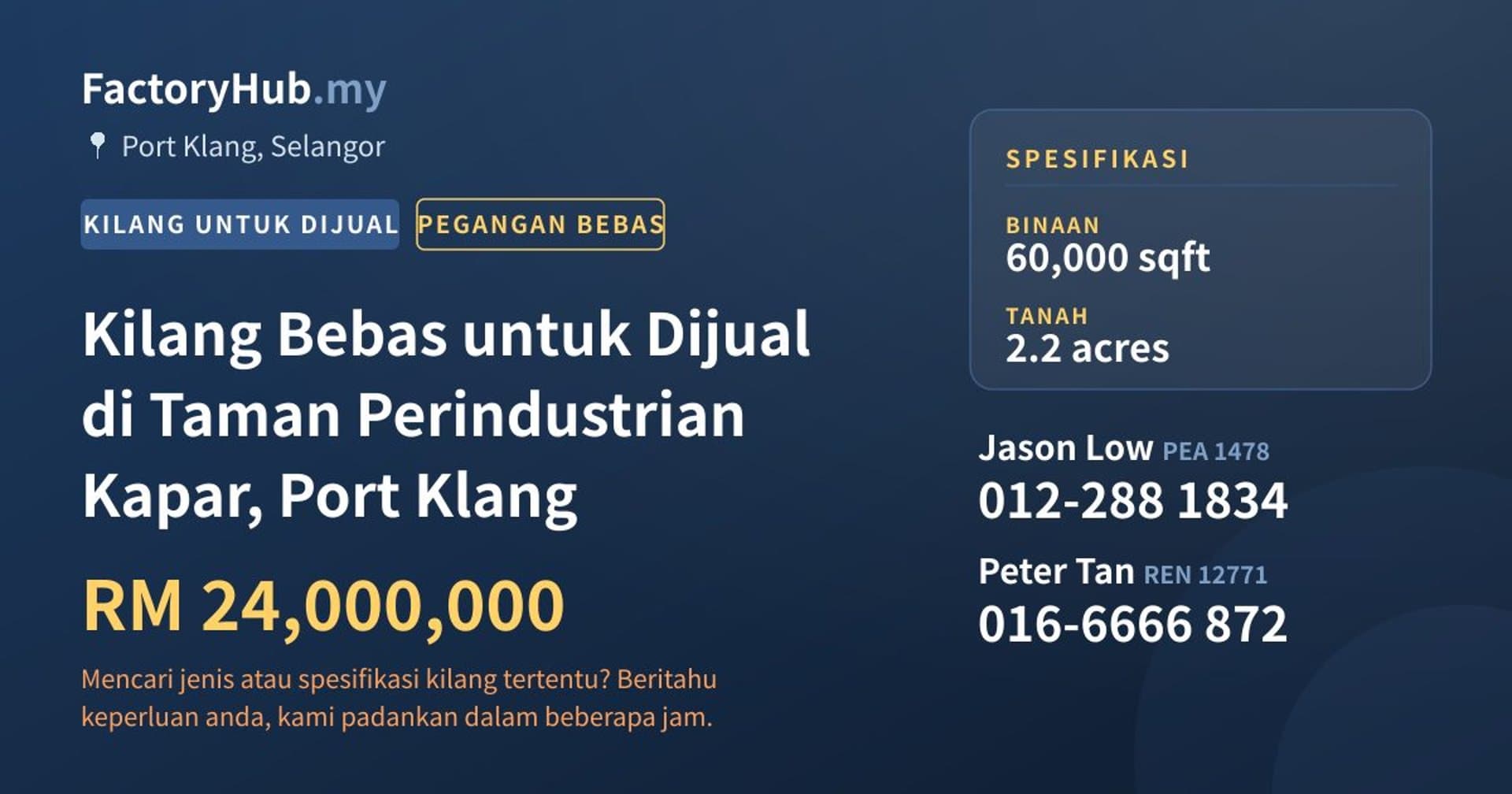 Kilang Bebas untuk Dijual di Taman Perindustrian Kapar, Port Klang · Imej hartanah 1/2