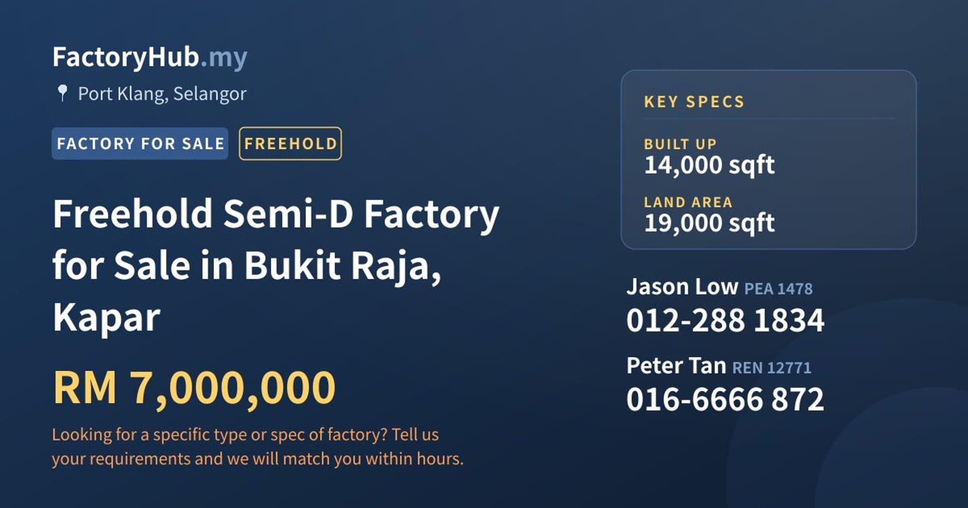 Freehold Semi-D Factory for Sale in Bukit Raja, Kapar - Property image 1 of 2