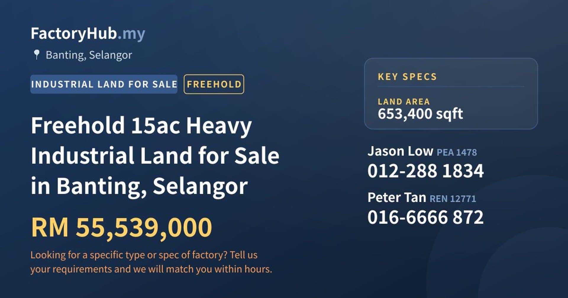 Freehold 15ac Heavy Industrial Land for Sale in Banting, Selangor - Property image 1 of 2