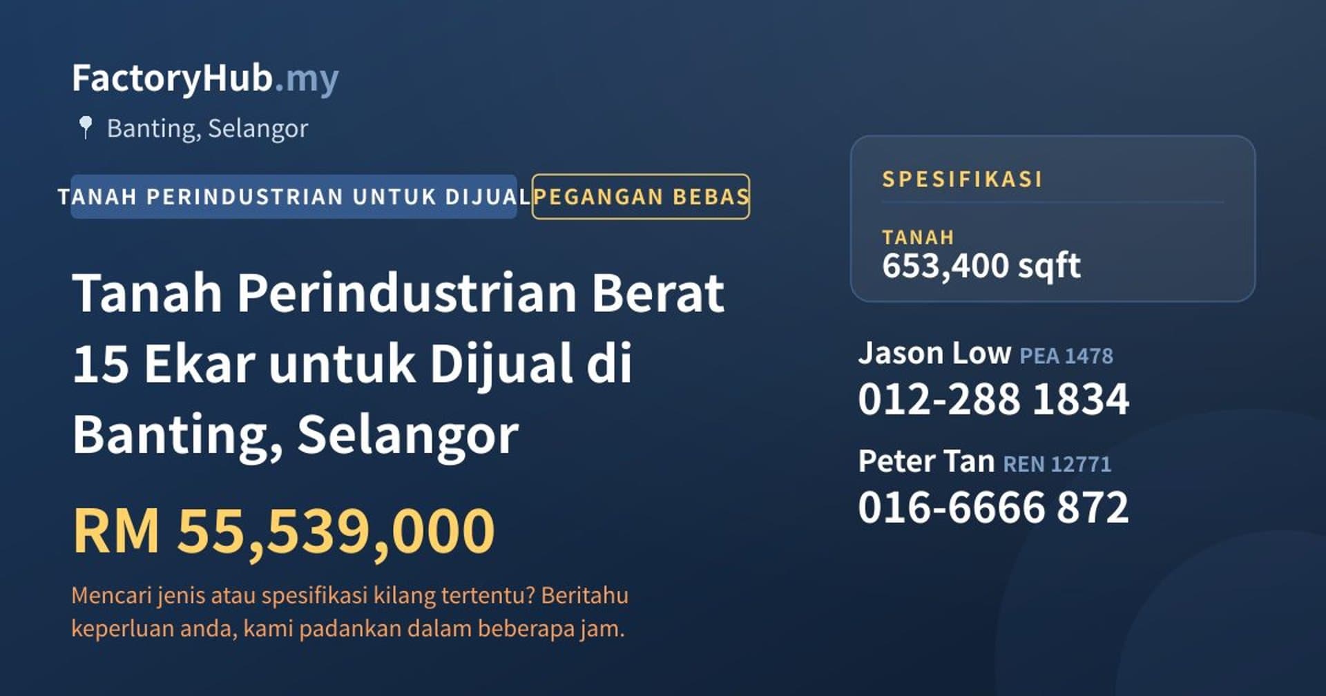 Tanah Perindustrian Berat 15 Ekar untuk Dijual di Banting, Selangor · Imej hartanah 1/2