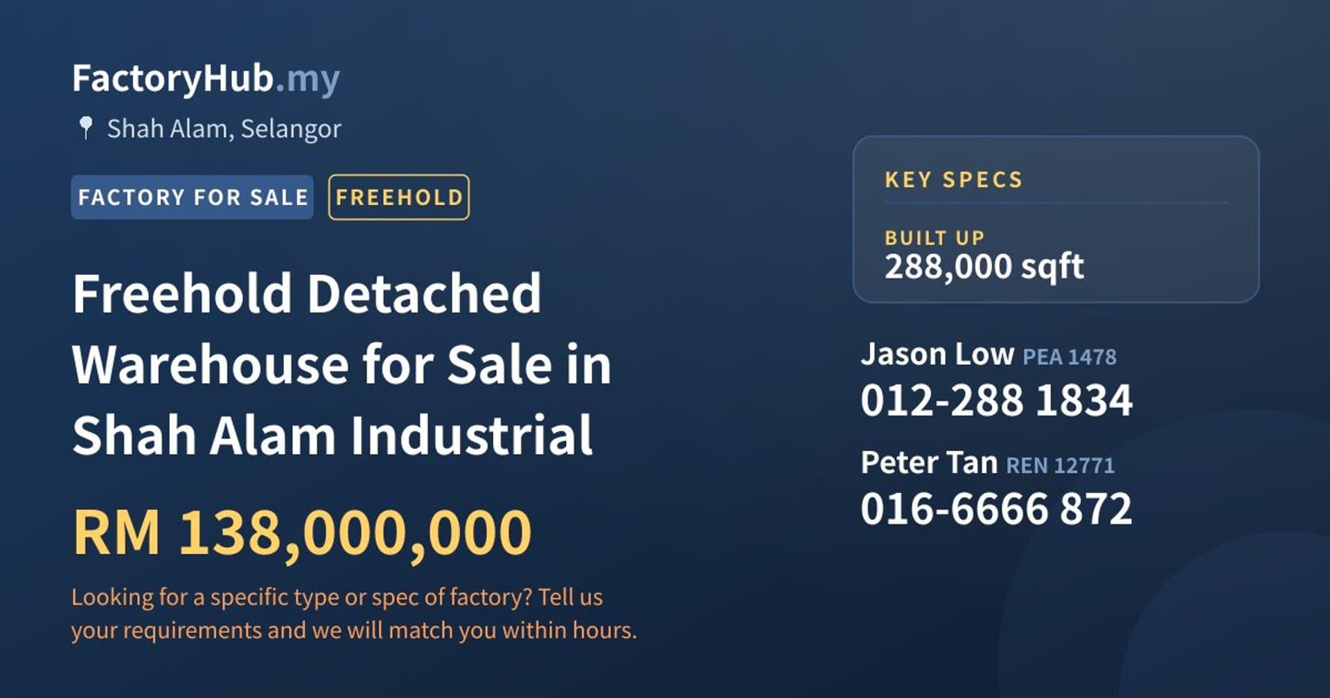 Freehold Detached Warehouse for Sale in Shah Alam Industrial - Property image 1 of 2