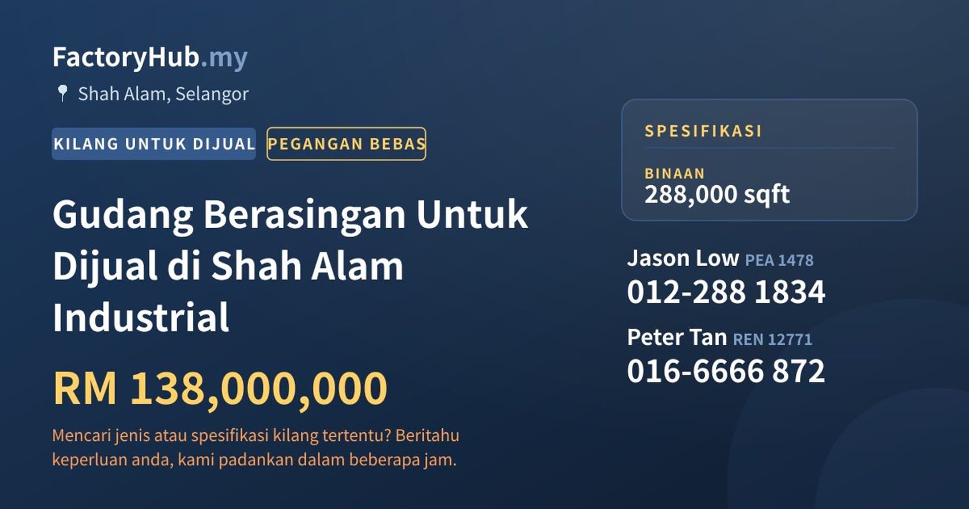 Gudang Berasingan Untuk Dijual di Shah Alam Industrial · Imej hartanah 1/2