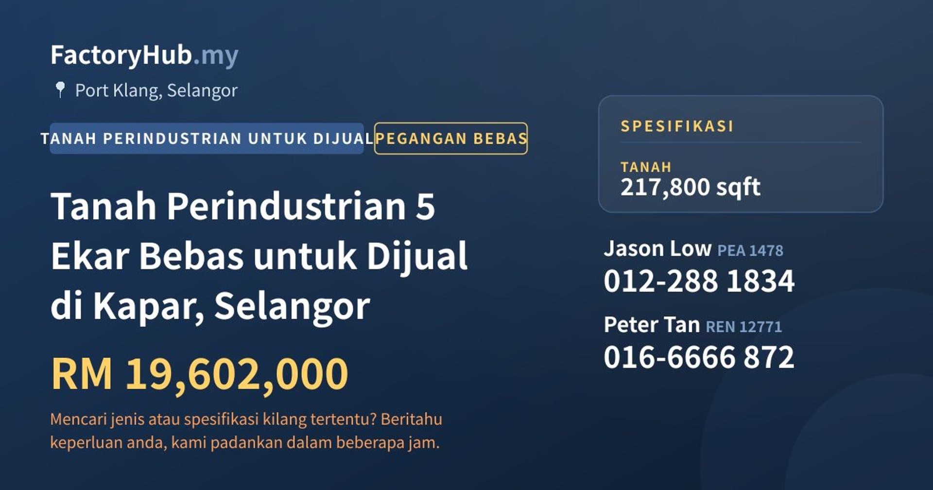 Tanah Perindustrian 5 Ekar Bebas untuk Dijual di Kapar, Selangor · Imej hartanah 1/2