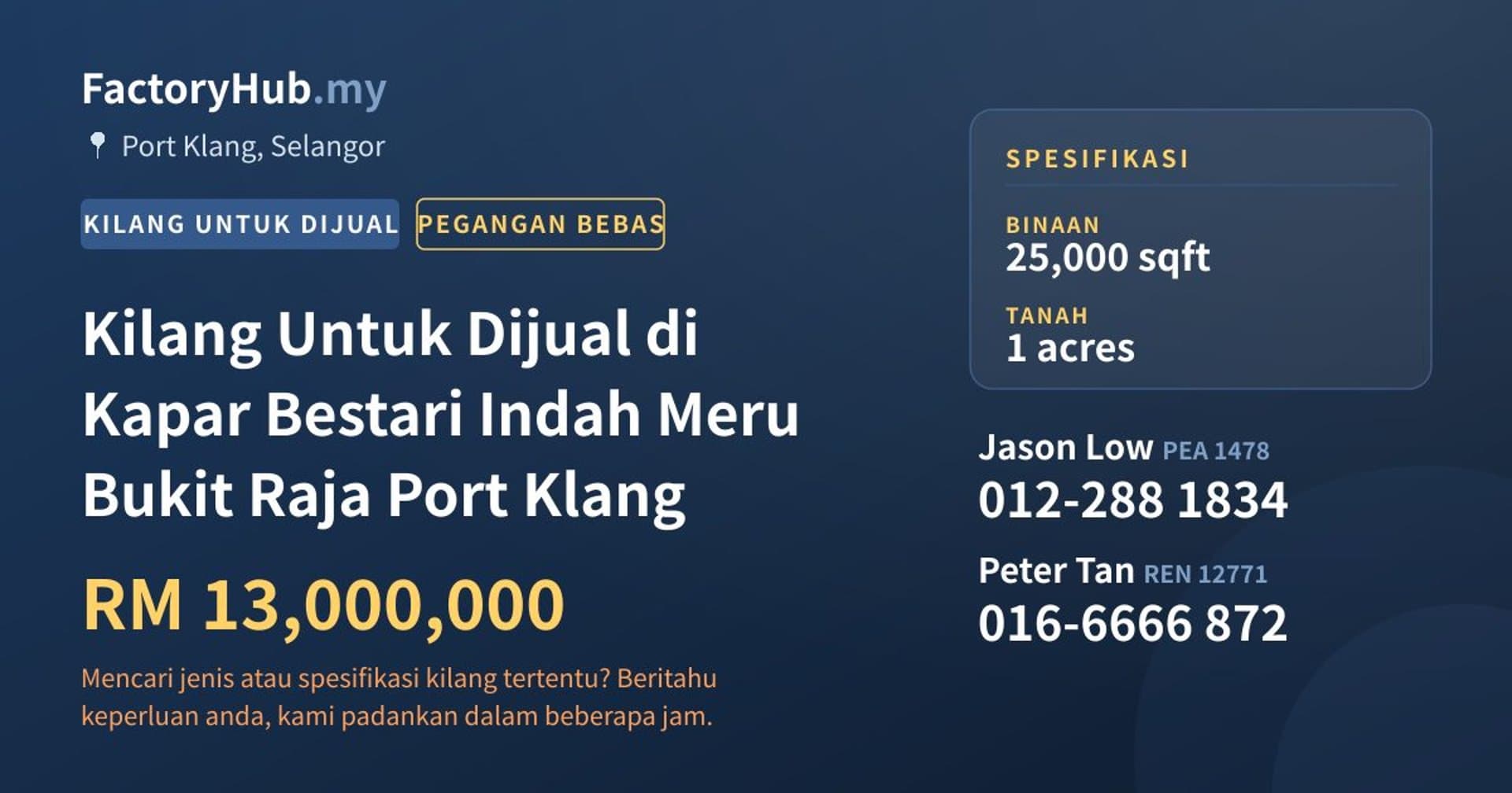 Kilang Untuk Dijual di Kapar Bestari Indah Meru Bukit Raja Port Klang · Imej hartanah 1/2