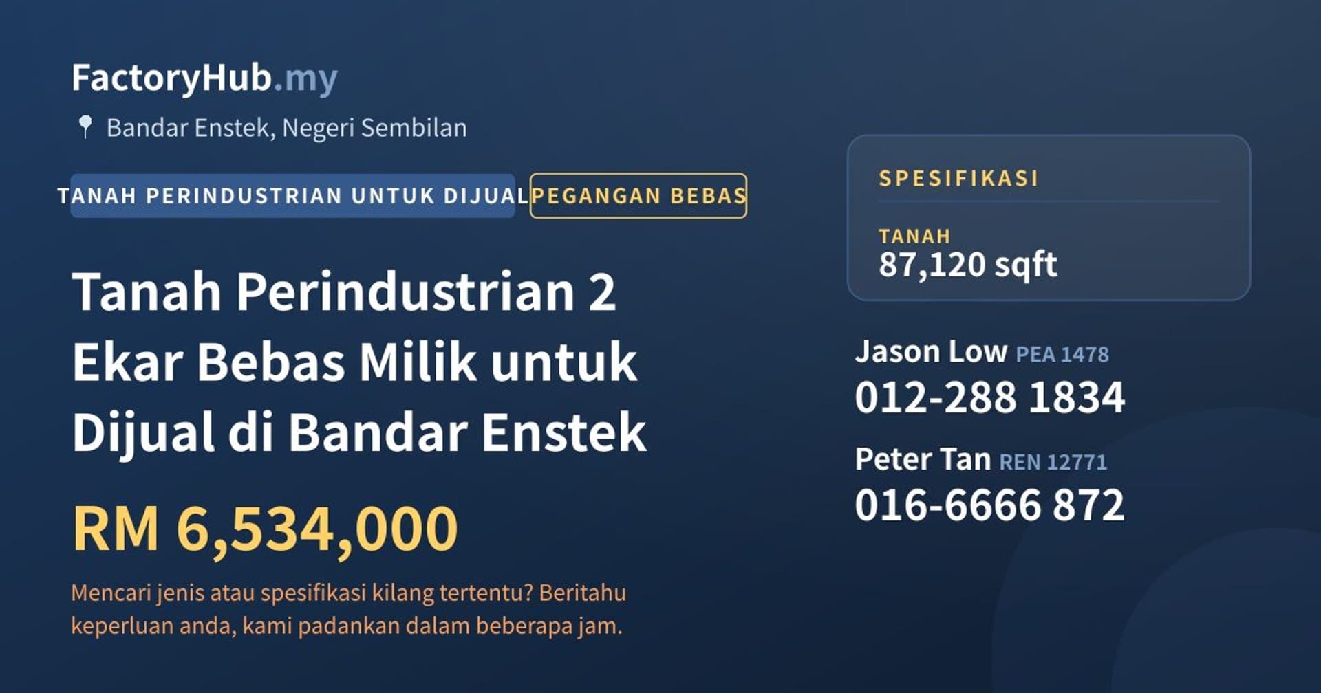 Tanah Perindustrian 2 Ekar Bebas Milik untuk Dijual di Bandar Enstek · Imej hartanah 1/2
