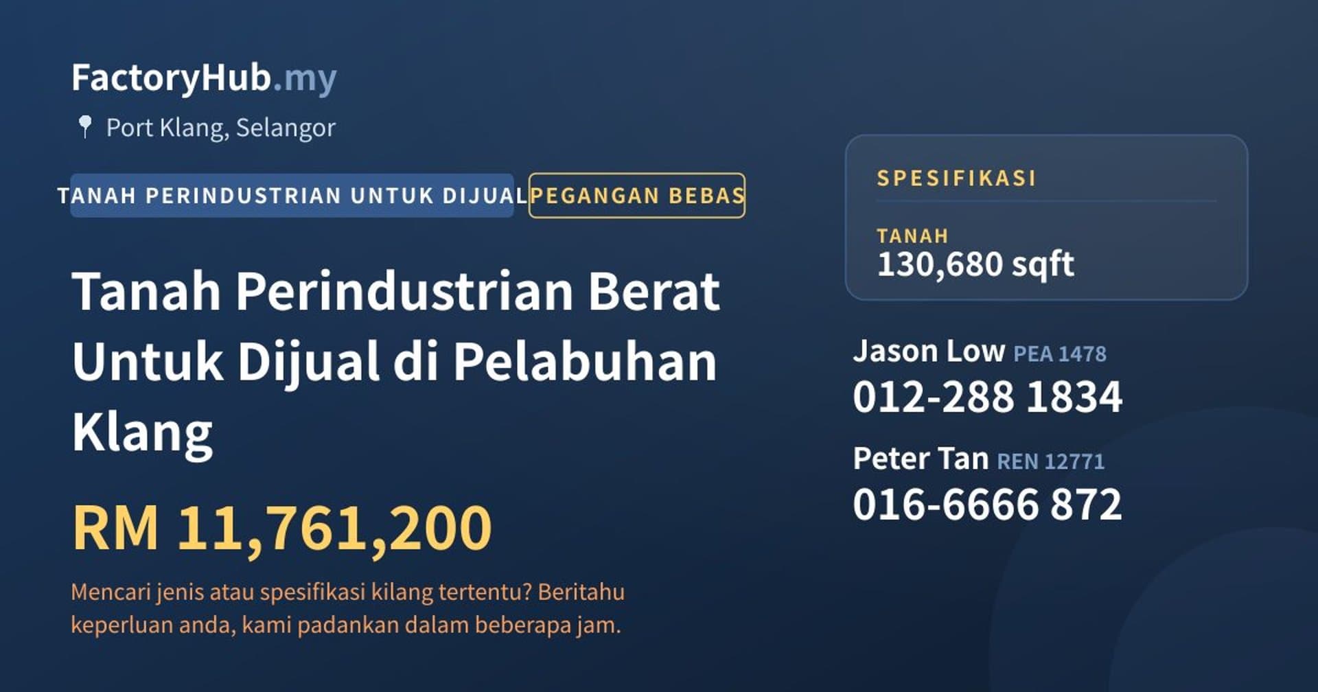 Tanah Perindustrian Berat Untuk Dijual di Pelabuhan Klang · Imej hartanah 1/2