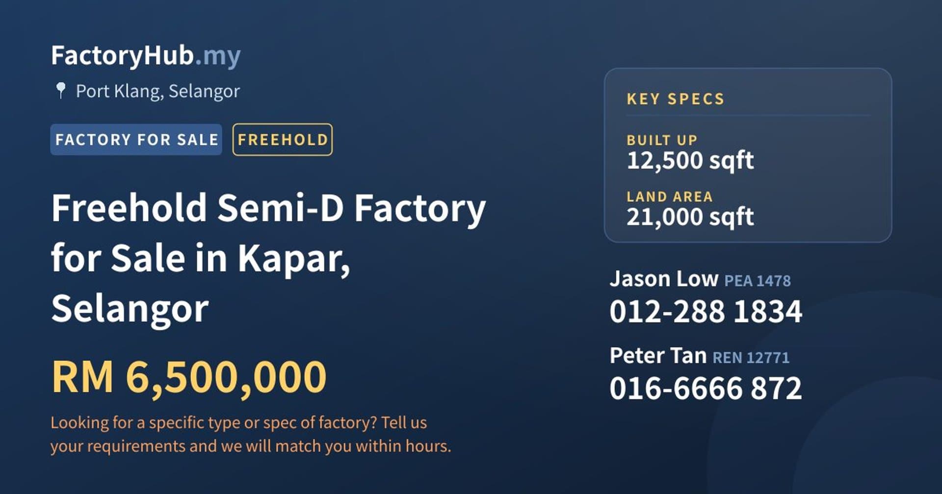 Freehold Semi-D Factory for Sale in Kapar, Selangor - Property image 1 of 2
