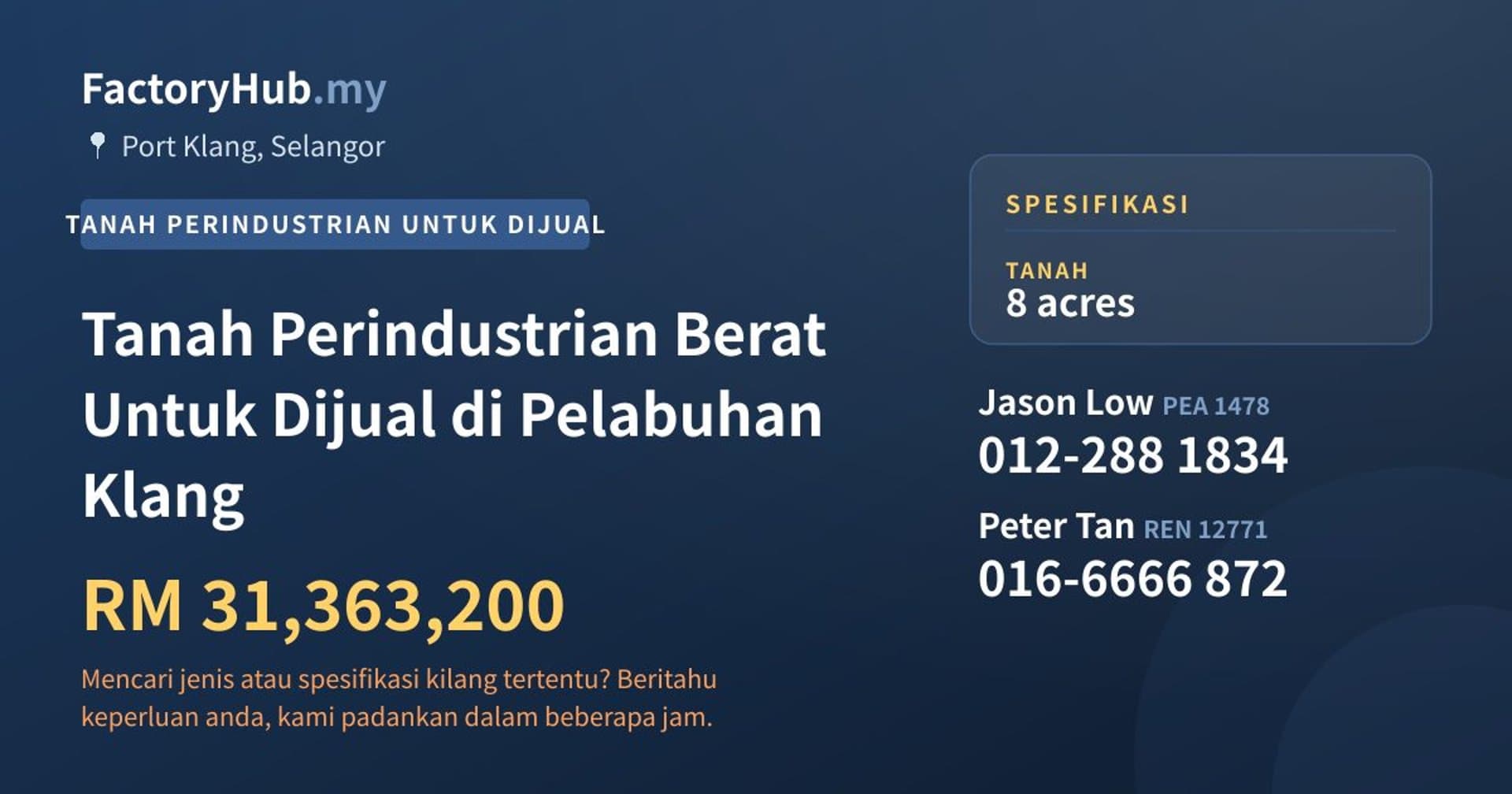 Tanah Perindustrian Berat Untuk Dijual di Pelabuhan Klang · Imej hartanah 1/2