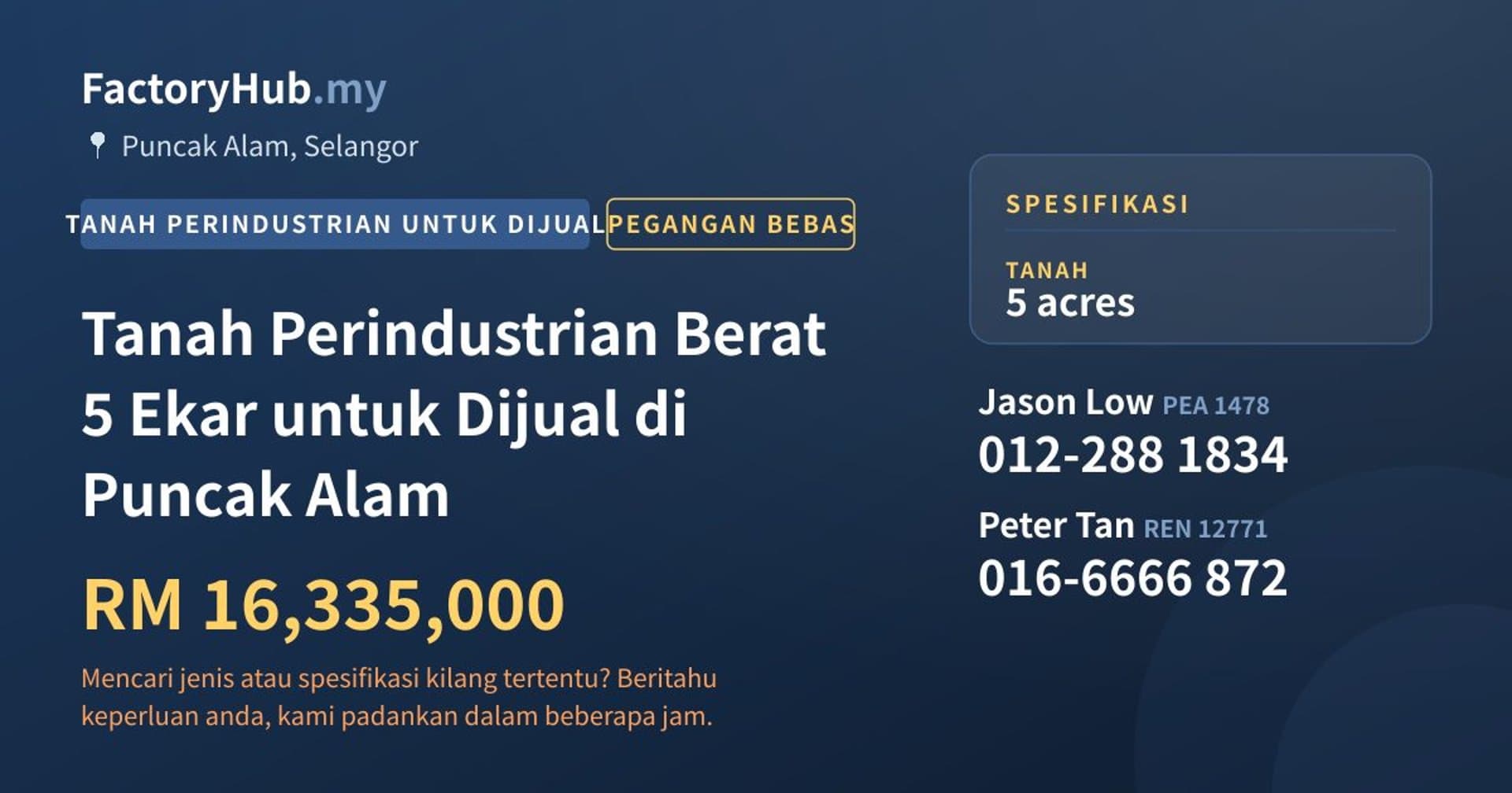 Tanah Perindustrian Berat 5 Ekar untuk Dijual di Puncak Alam · Imej hartanah 1/2