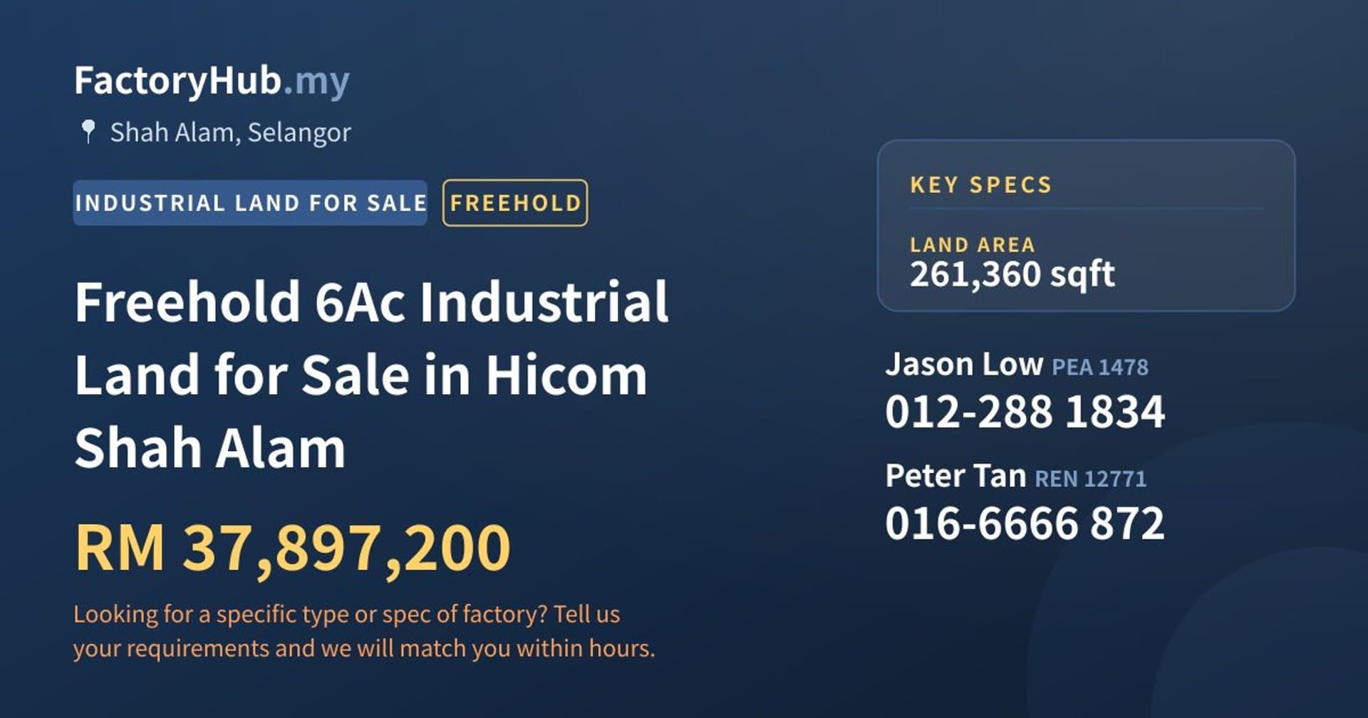 Freehold 6Ac Industrial Land for Sale in Hicom Shah Alam - Property image 1 of 2