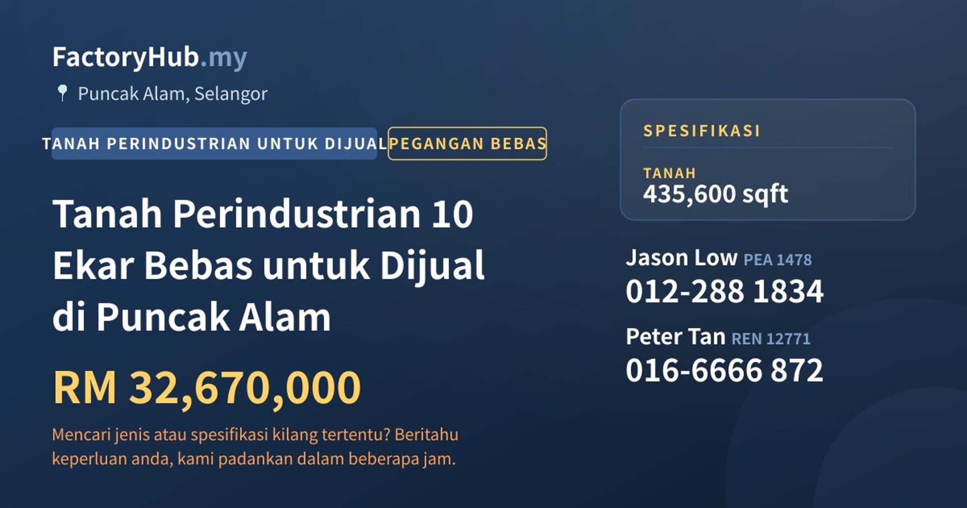 Tanah Perindustrian 10 Ekar Bebas untuk Dijual di Puncak Alam · Imej hartanah 1/2