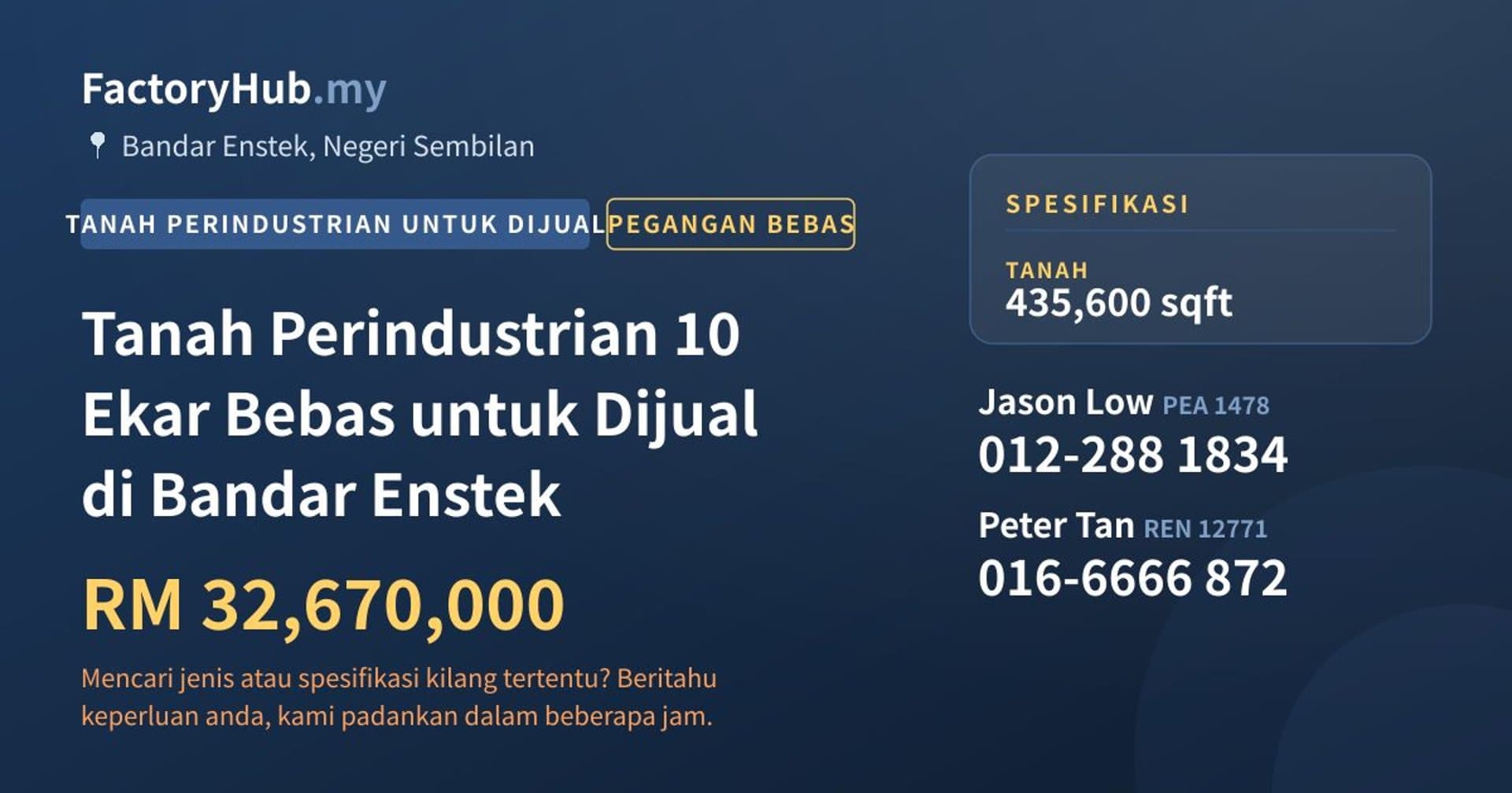 Tanah Perindustrian 10 Ekar Bebas untuk Dijual di Bandar Enstek · Imej hartanah 1/2
