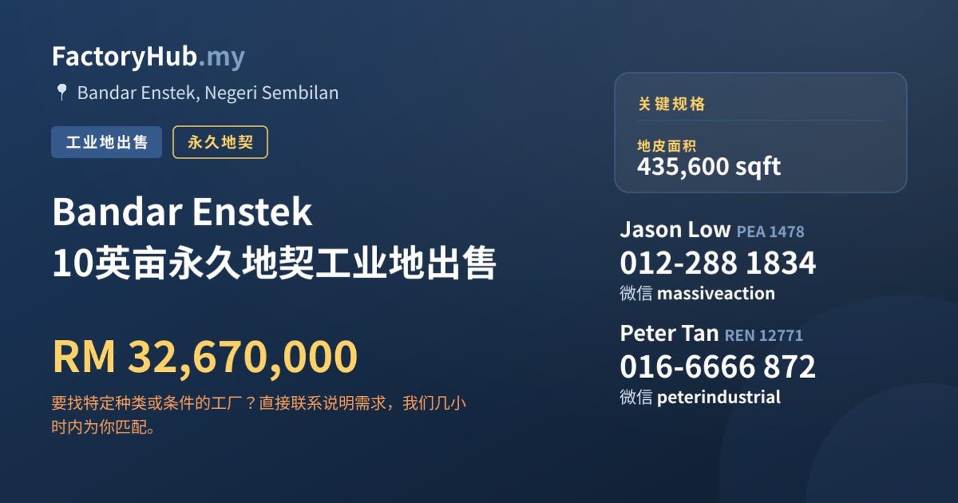 Bandar Enstek 10英亩永久地契工业地出售 · 房源图片 1/2