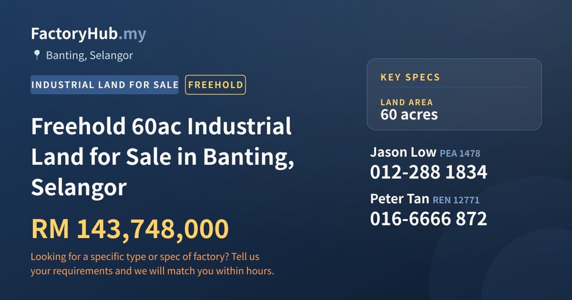 Freehold 60ac Industrial Land for Sale in Banting, Selangor - Property image 1 of 2