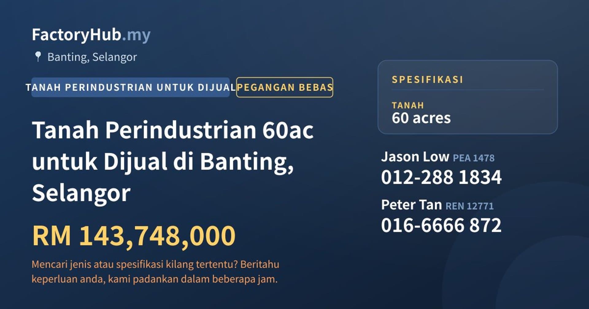 Tanah Perindustrian 60ac untuk Dijual di Banting, Selangor · Imej hartanah 1/2