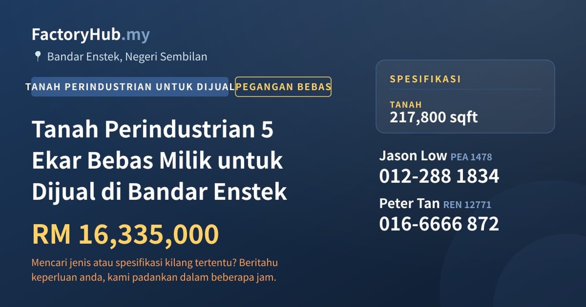 Tanah Perindustrian 5 Ekar Bebas Milik untuk Dijual di Bandar Enstek · Imej hartanah 1/2