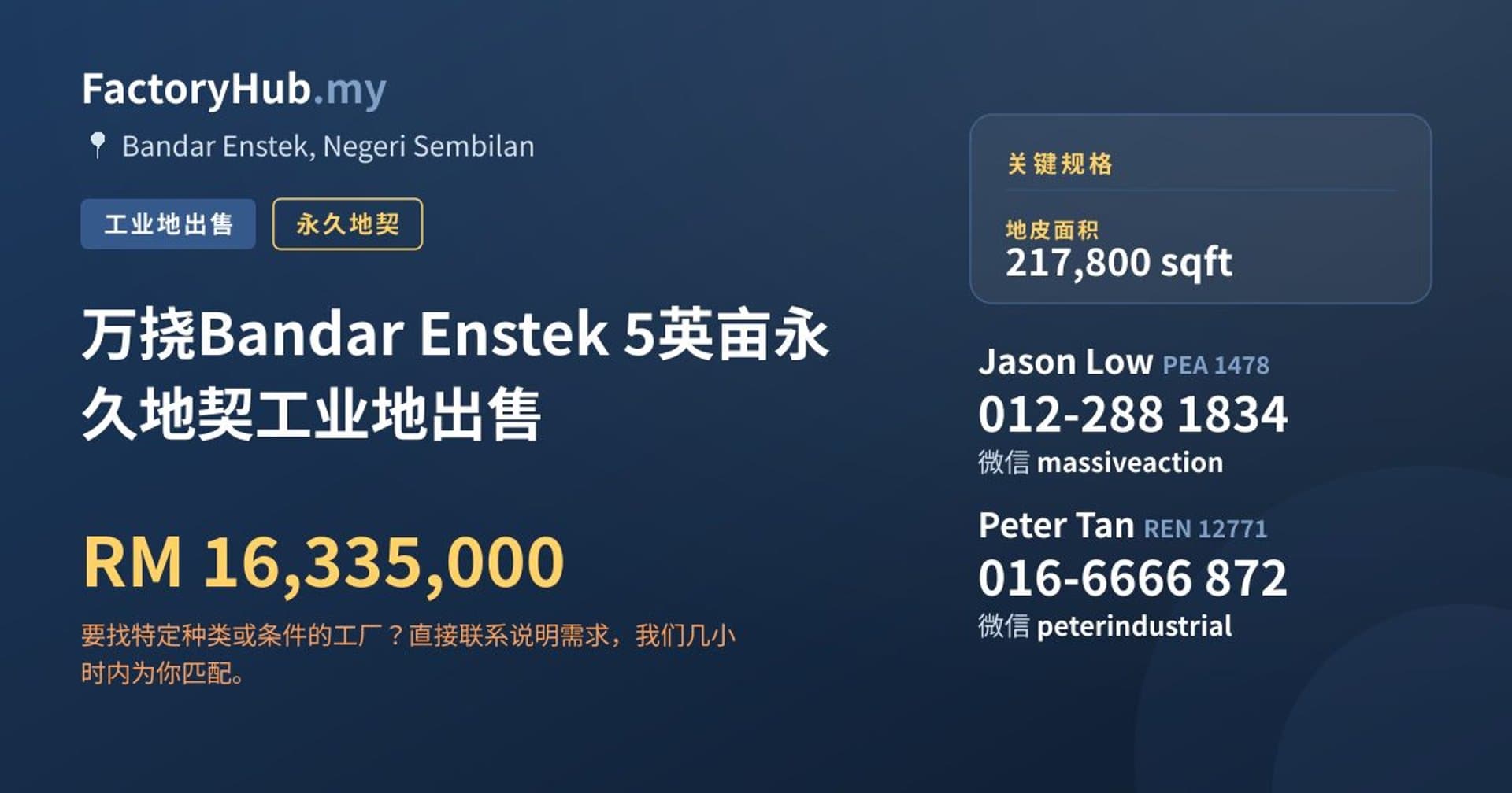 万挠Bandar Enstek 5英亩永久地契工业地出售 · 房源图片 1/2