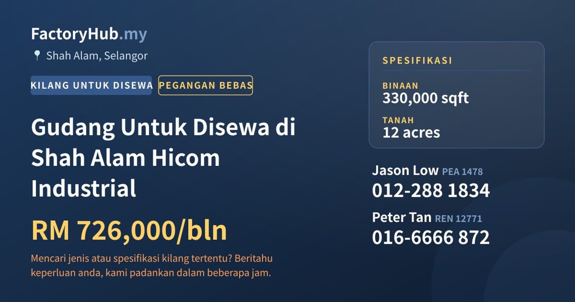 Gudang Untuk Disewa di Shah Alam Hicom Industrial · Imej hartanah 1/2