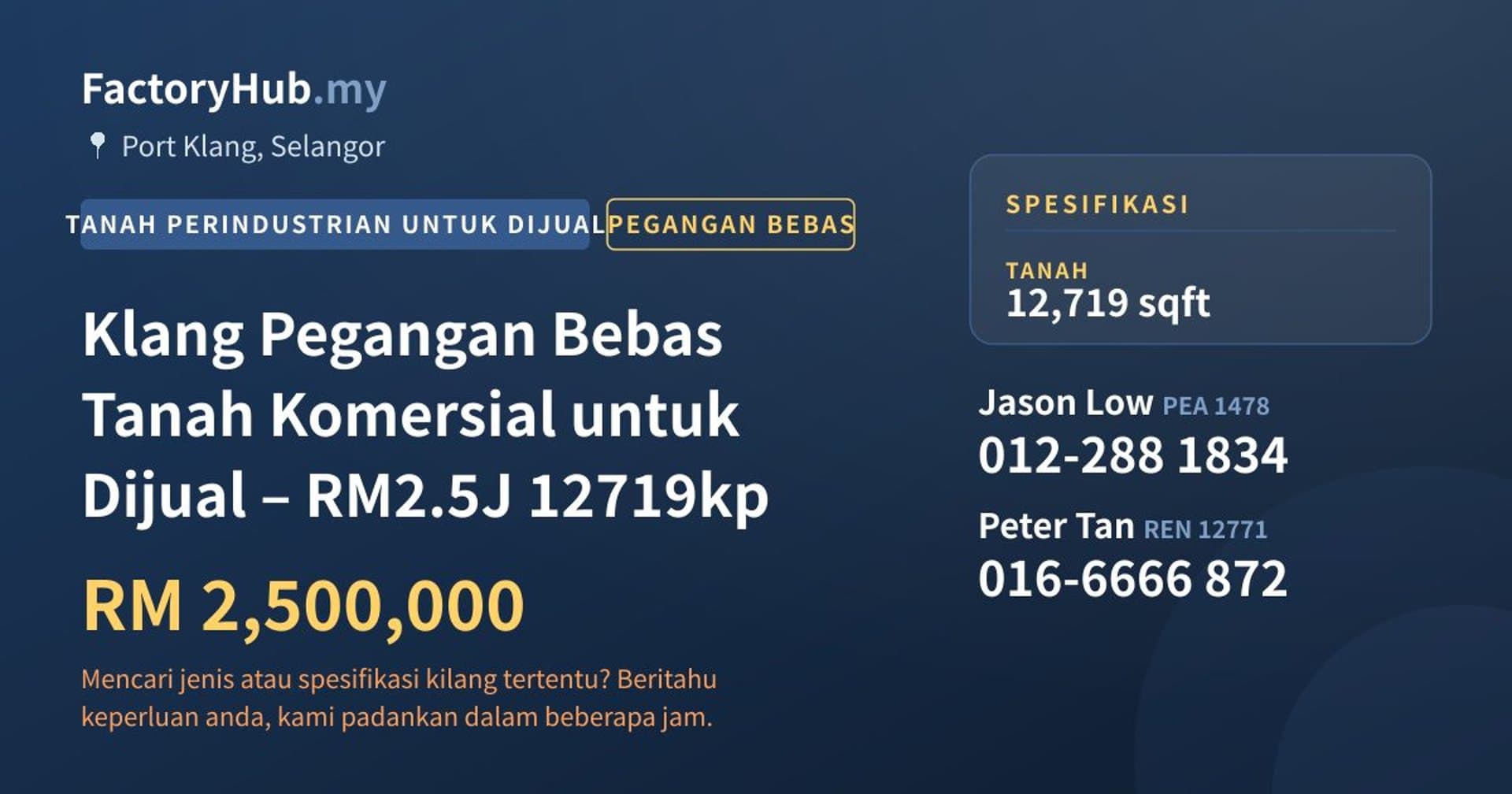 Klang Pegangan Bebas Tanah Komersial untuk Dijual – RM2.5J 12719kp · Imej hartanah 1/6