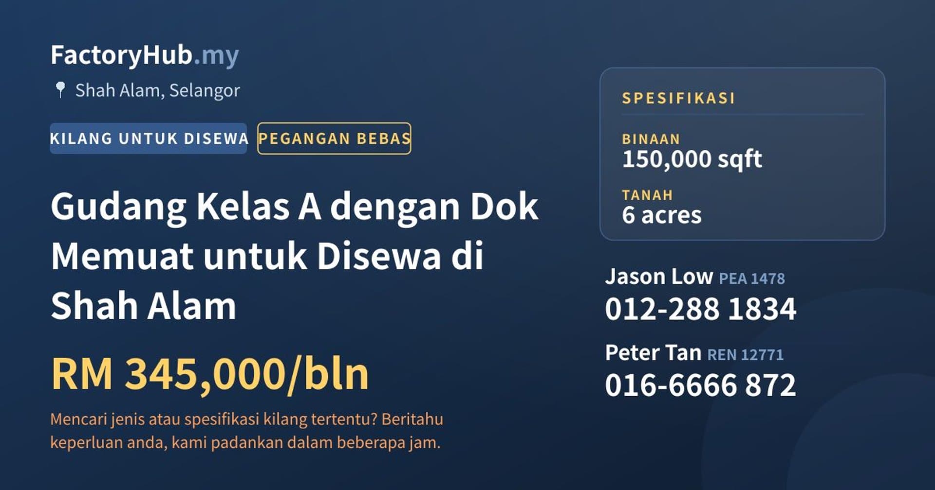 Gudang Kelas A dengan Dok Memuat untuk Disewa di Shah Alam · Imej hartanah 1/2