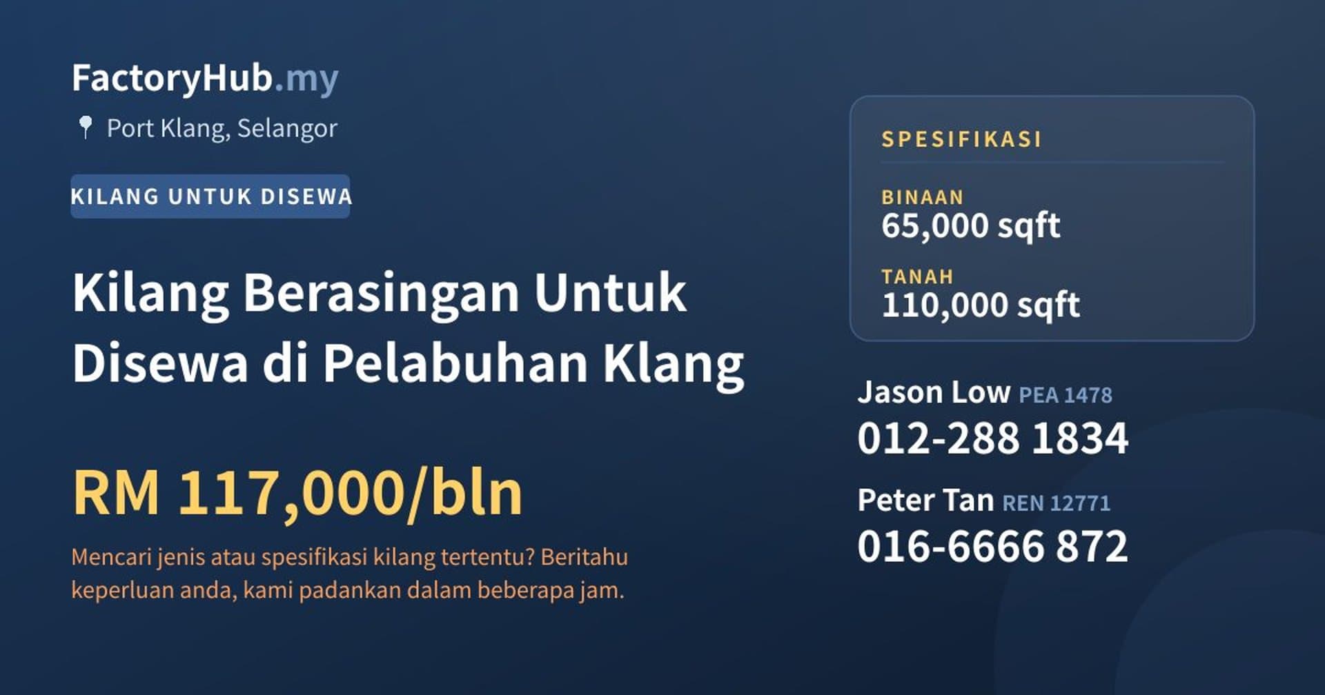 Kilang Berasingan Untuk Disewa di Pelabuhan Klang · Imej hartanah 1/2