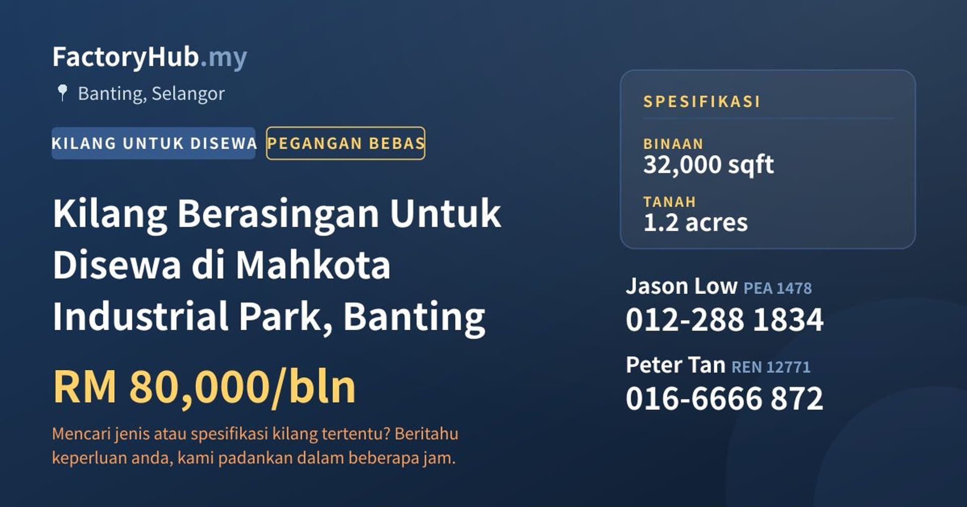 Kilang Berasingan Untuk Disewa di Mahkota Industrial Park, Banting · Imej hartanah 1/2