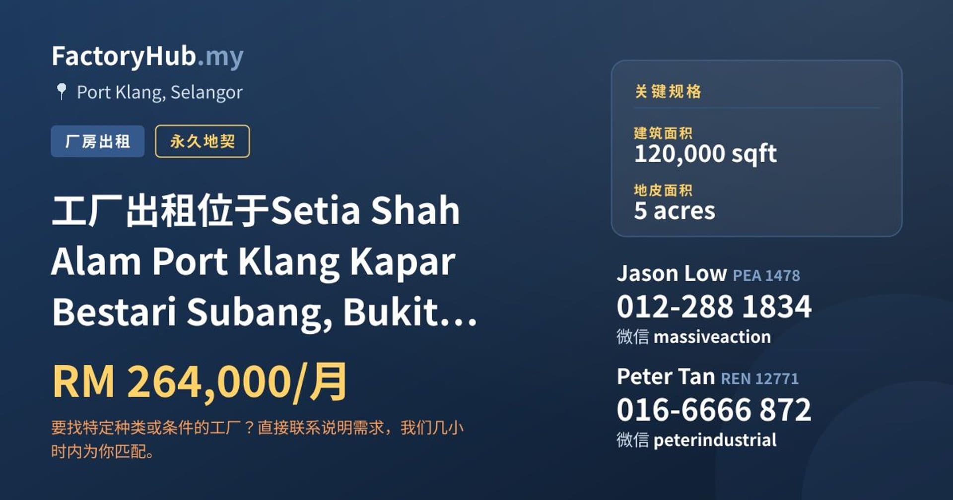 工厂出租位于Setia Shah Alam Port Klang Kapar Bestari Subang, Bukit Raja · 房源图片 1/2