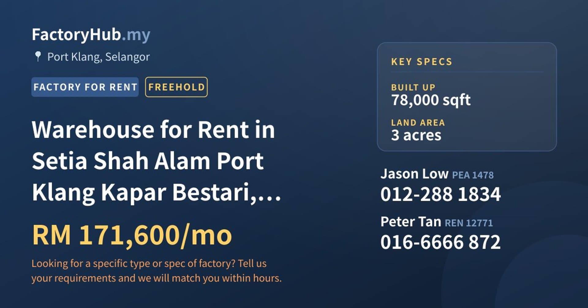 Warehouse for Rent in Setia Shah Alam Port Klang Kapar Bestari, Bukit Raja - Property image 1 of 2