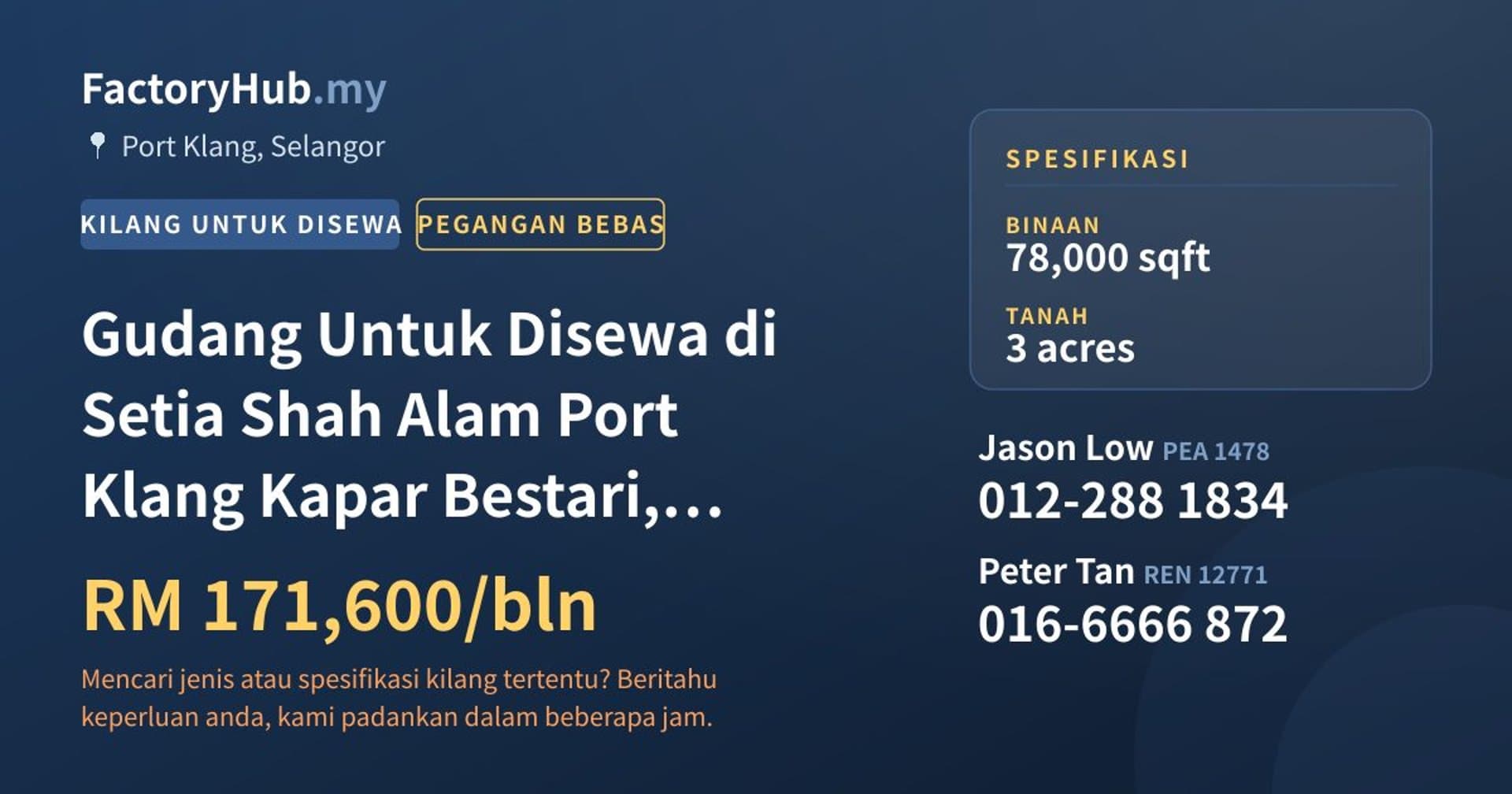 Gudang Untuk Disewa di Setia Shah Alam Port Klang Kapar Bestari, Bukit Raja · Imej hartanah 1/2