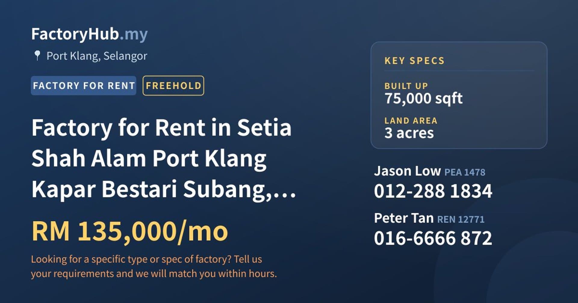 Factory for Rent in Setia Shah Alam Port Klang Kapar Bestari Subang, Bukit Raja - Property image 1 of 2