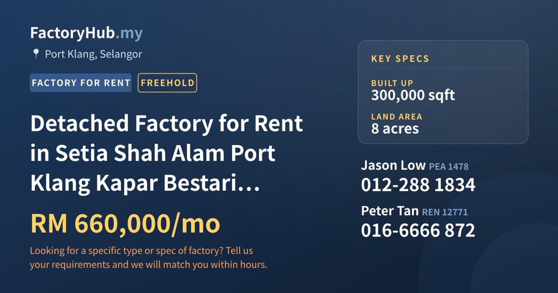 Detached Factory for Rent in Setia Shah Alam Port Klang Kapar Bestari Subang, Bukit Raja - Property image 1 of 2
