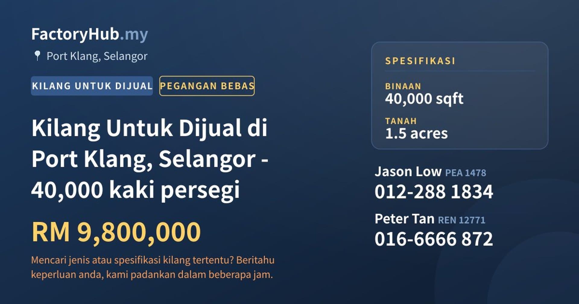Kilang Untuk Dijual di Port Klang, Selangor - 40,000 kaki persegi · Imej hartanah 1/2