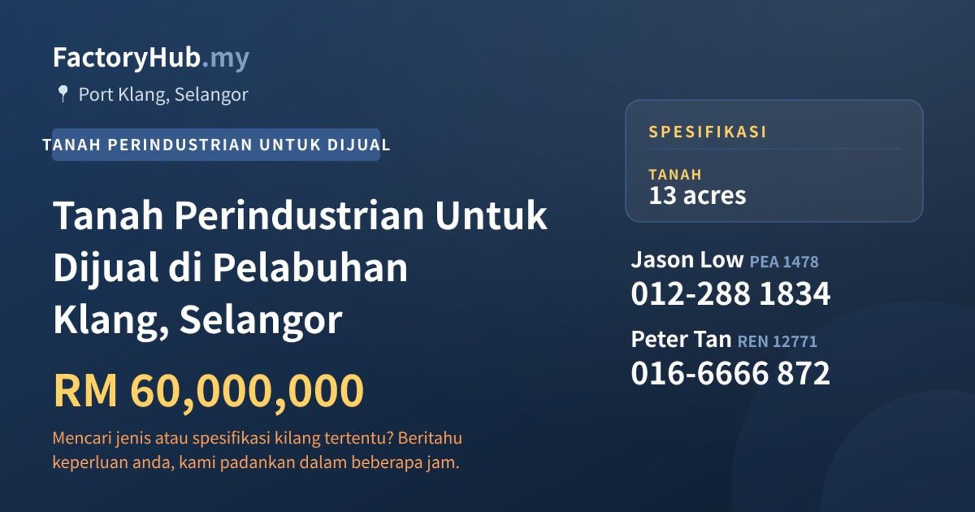 Tanah Perindustrian Untuk Dijual di Pelabuhan Klang, Selangor · Imej hartanah 1/2