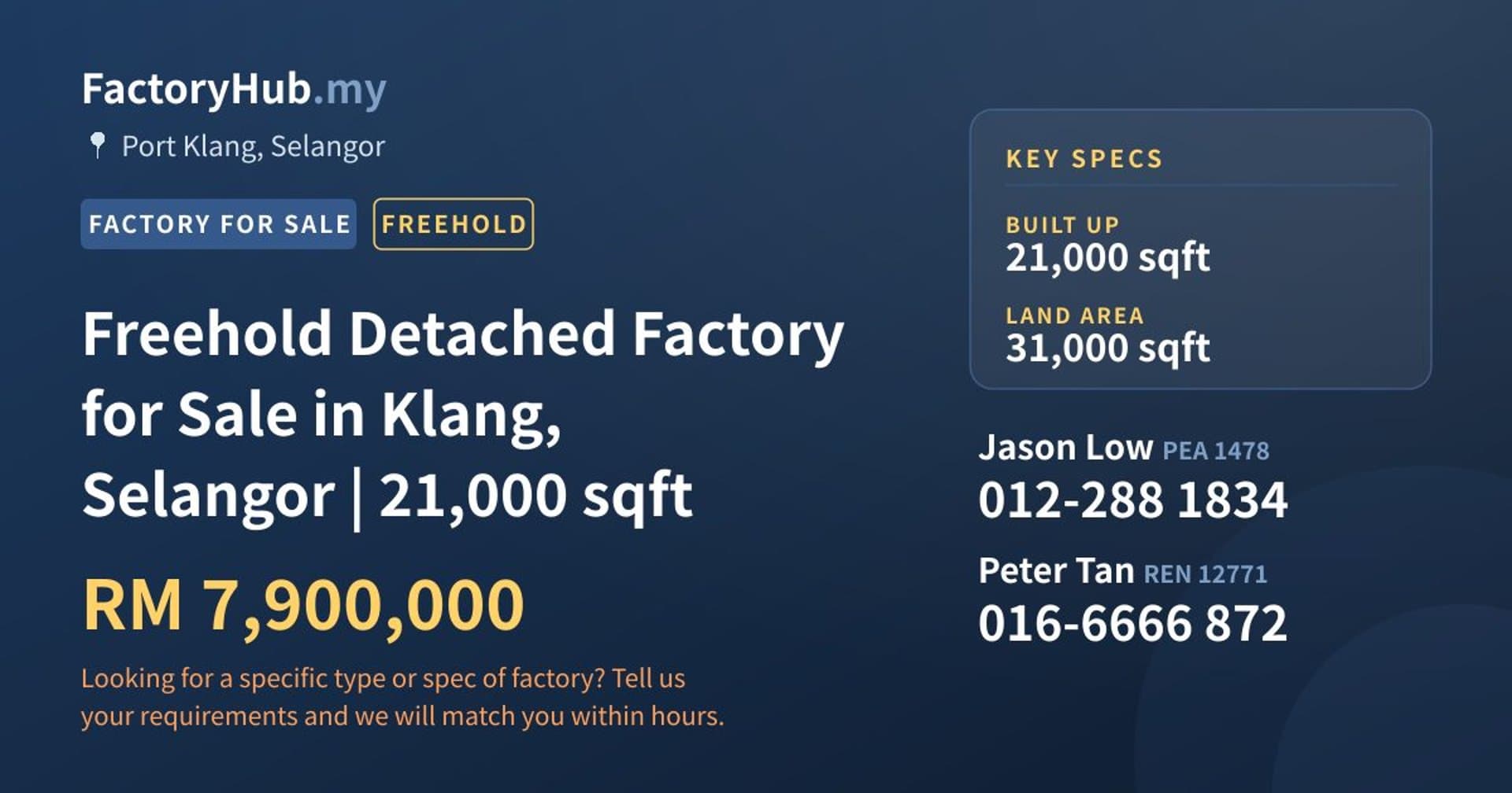 Freehold Detached Factory for Sale in Klang, Selangor | 21,000 sqft - Property image 1 of 2