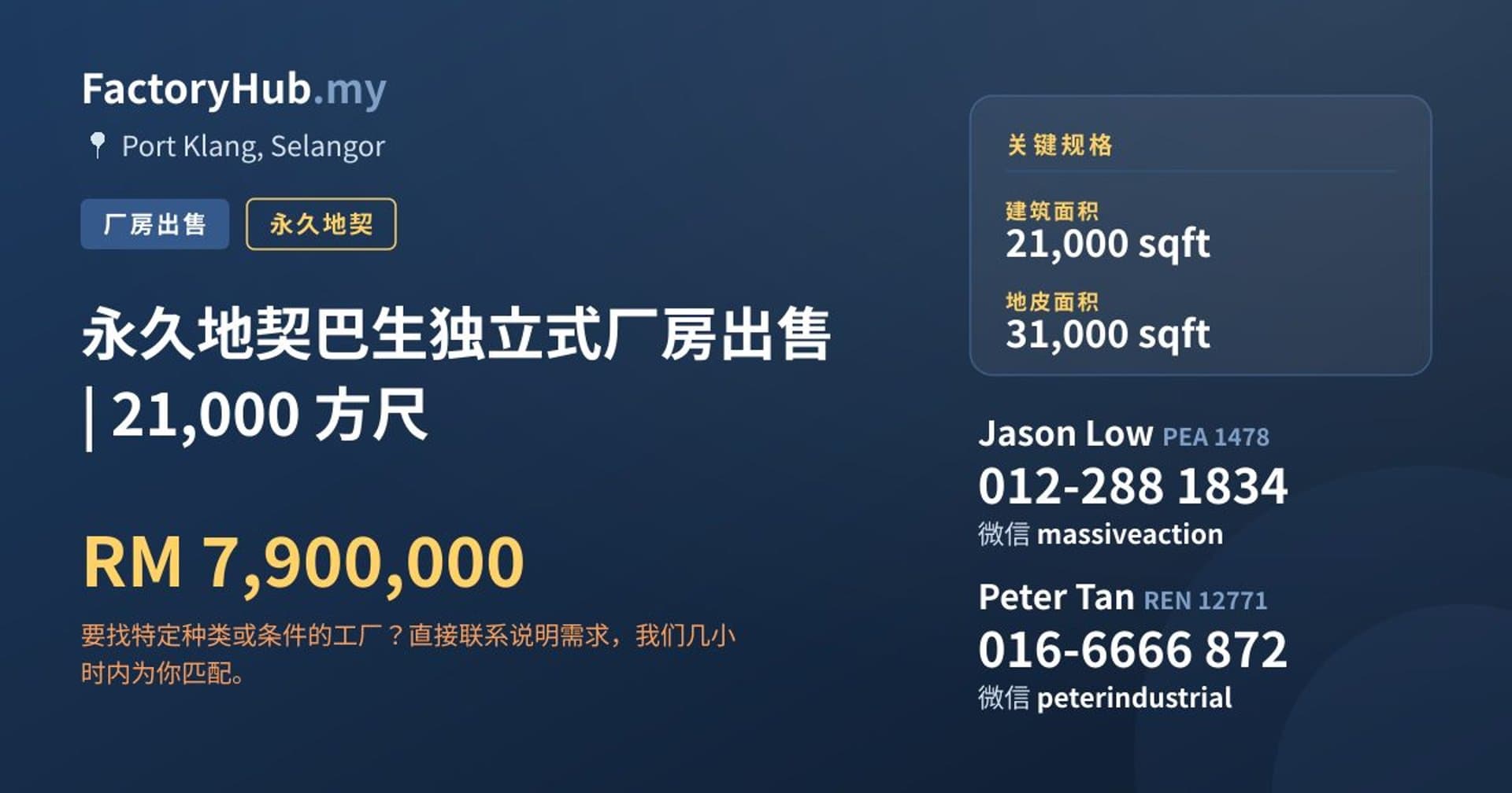 永久地契巴生独立式厂房出售 | 21,000 方尺 · 房源图片 1/2