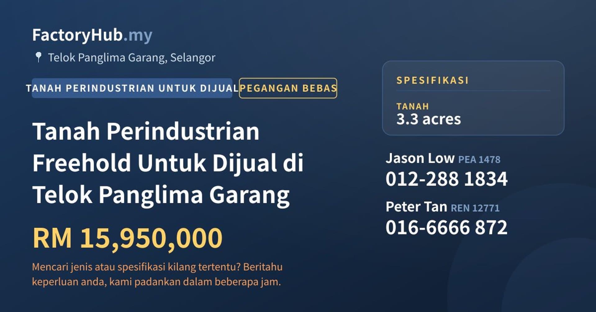 Tanah Perindustrian Freehold Untuk Dijual di Telok Panglima Garang · Imej hartanah 1/2