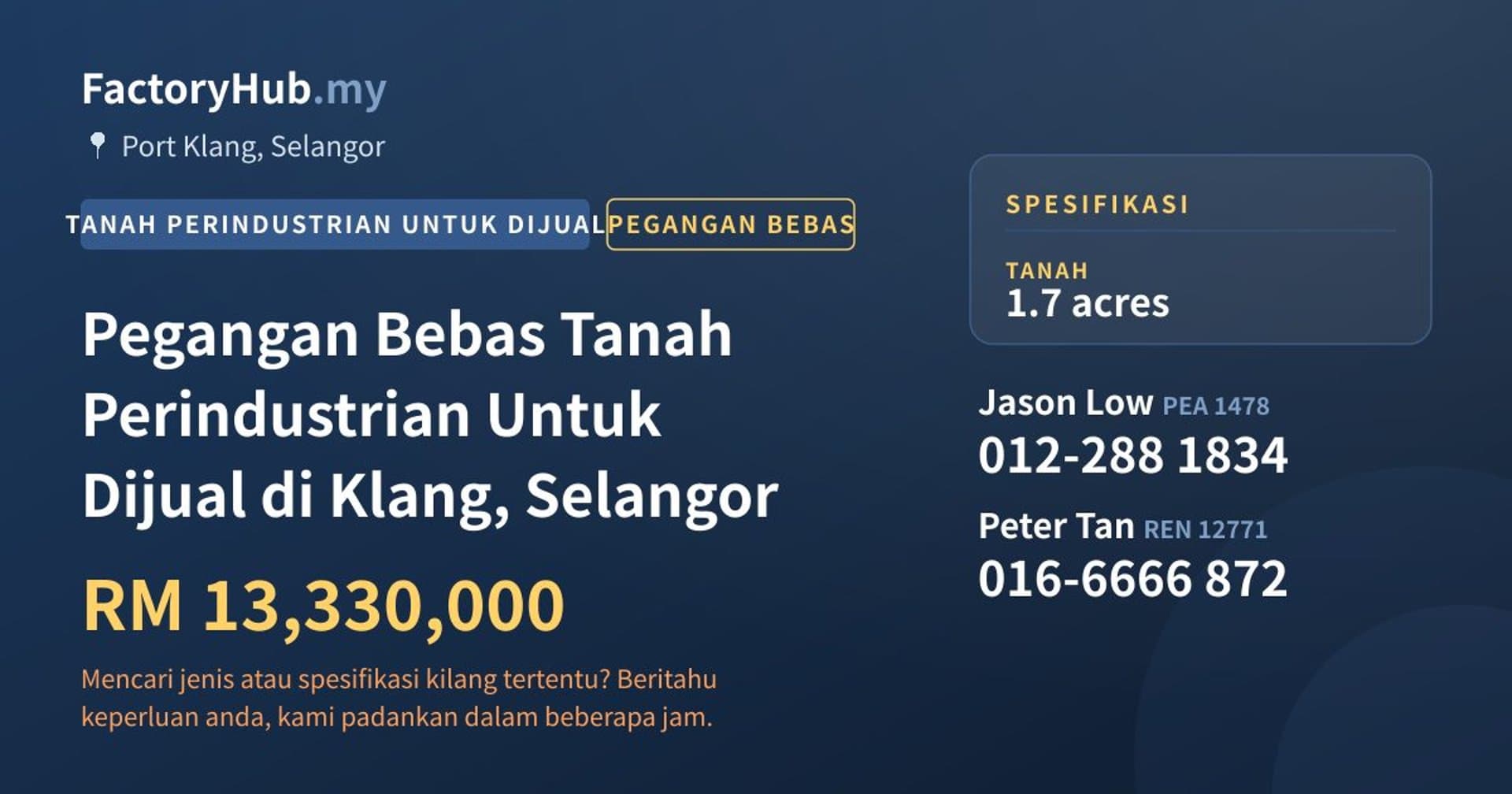 Pegangan Bebas Tanah Perindustrian Untuk Dijual di Klang, Selangor · Imej hartanah 1/2
