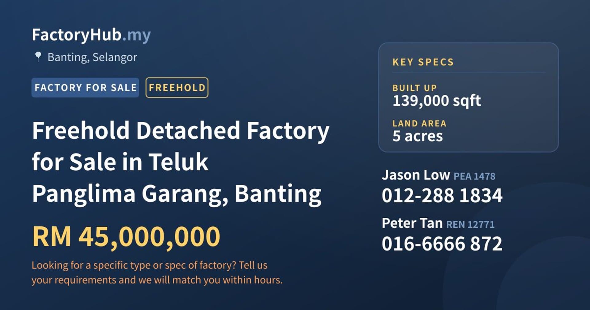 Freehold Detached Factory for Sale in Teluk Panglima Garang, Banting - Property image 1 of 2