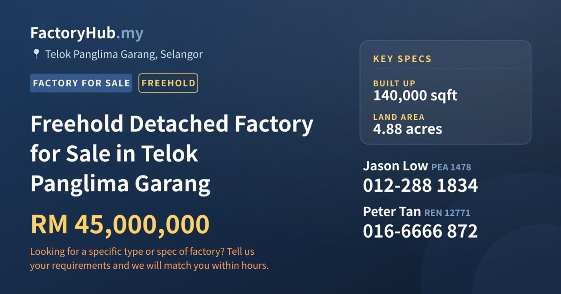 Freehold Detached Factory for Sale in Telok Panglima Garang - Property image 1 of 2