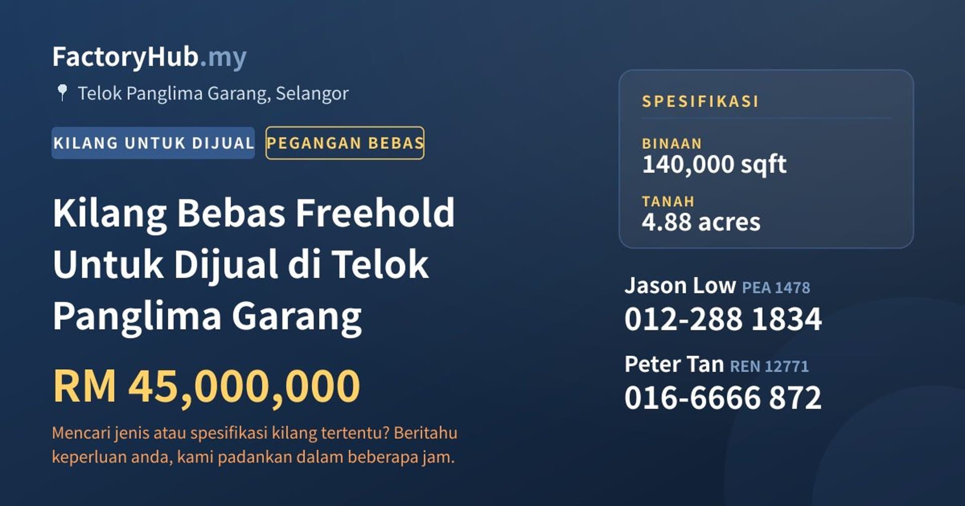 Kilang Bebas Freehold Untuk Dijual di Telok Panglima Garang · Imej hartanah 1/2